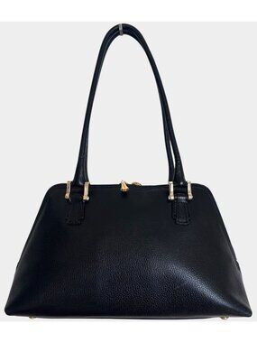 a.Testoni Structured Shoulder Bag Pebbled Leather Black Gold-Tone Hardware